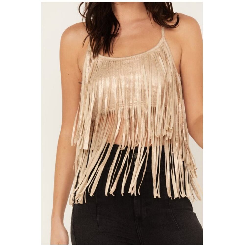 Shyanne Lt. Golden Women's Cropped Fringe Tank Top - Size Small